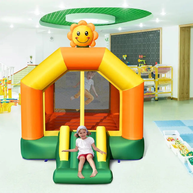 Kids Inflatable Bounce House with Slide and Basketball Rim with 735W Blower - Yellow - Bounce House