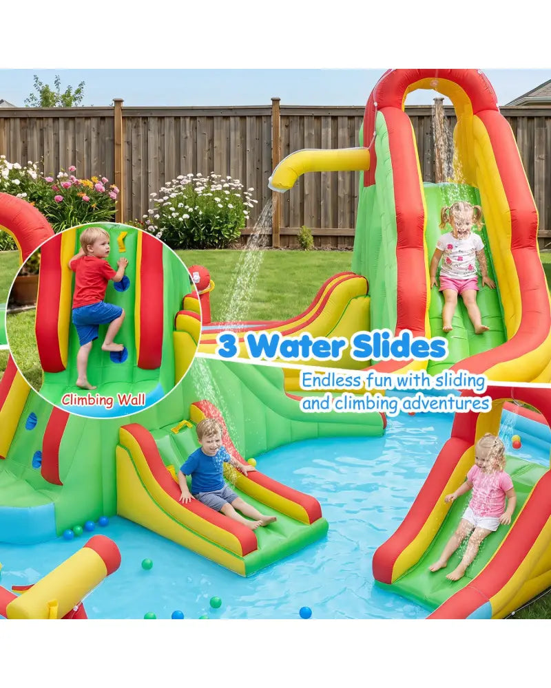 Kids Inflatable Water Park with Splash Pool and 3 Water Slides (Blower Not Included) - Inflatable Water Slides