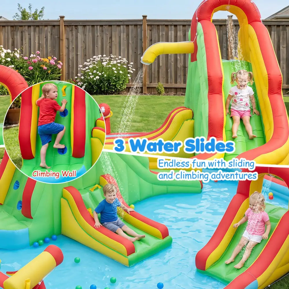Kids Inflatable Water Park with Splash Pool and 3 Water Slides (Blower Not Included) - Inflatable Water Slides