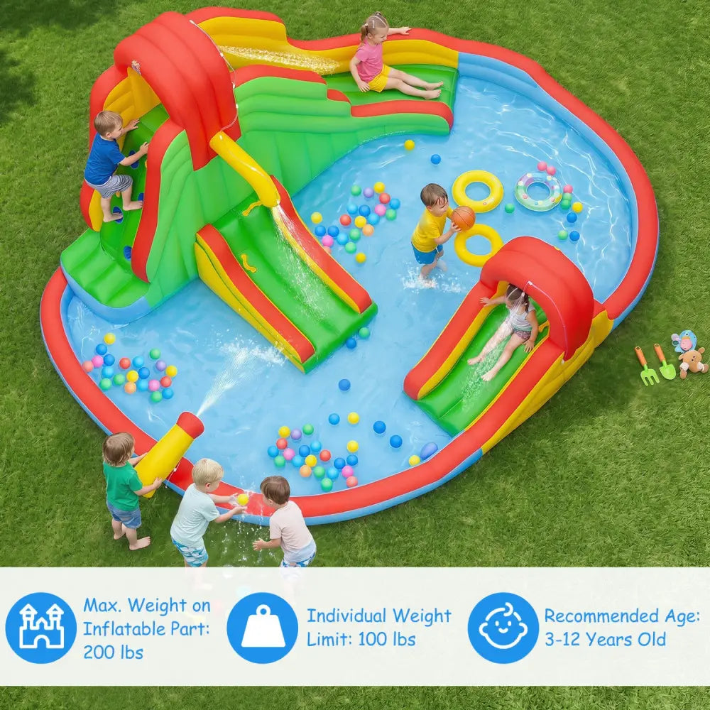 Kids Inflatable Water Park with Splash Pool and 3 Water Slides (Blower Not Included) - Inflatable Water Slides