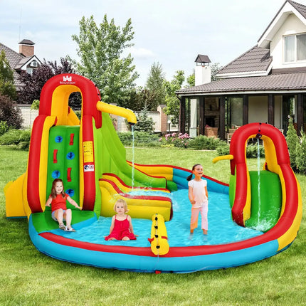 Kid’s Inflatable Water Slide Bounce House with Climbing Wall and Pool Without Blower - Inflatable Water Slides