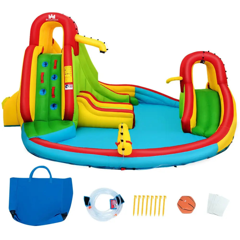 Kid’s Inflatable Water Slide Bounce House with Climbing Wall and Pool Without Blower - Inflatable Water Slides