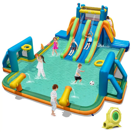 Kids Inflatable Water Slide with 2 Long Slides and 2 Soccer Gates with 950W Blower - Multicolor - Inflatable Water