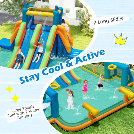 Kids Inflatable Water Slide with 2 Long Slides and 2 Soccer Gates with 950W Blower - Multicolor - Inflatable Water