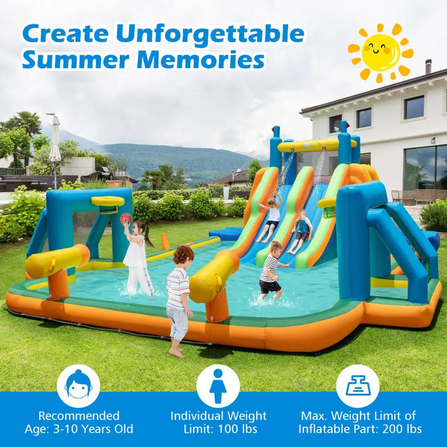 Kids Inflatable Water Slide with 2 Long Slides and 2 Soccer Gates with 950W Blower - Multicolor - Inflatable Water