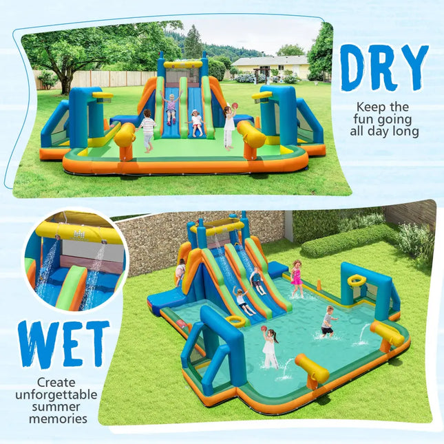 Kids Inflatable Water Slide with 2 Long Slides and 2 Soccer Gates Without Blower - Multicolor - Outdoor Play
