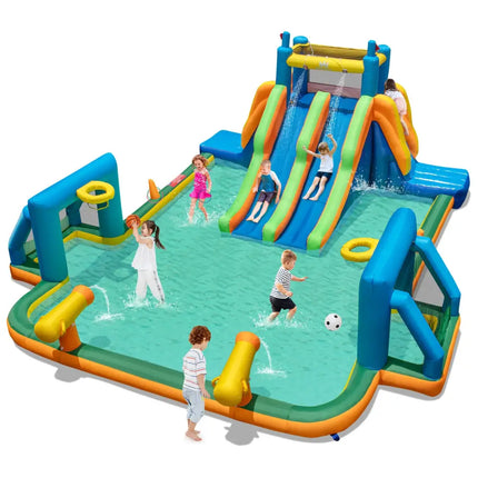 Kids Inflatable Water Slide with 2 Long Slides and 2 Soccer Gates Without Blower - Multicolor - Outdoor Play