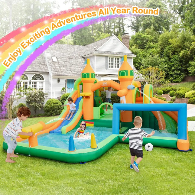 Kids Inflatable Water Slide with Soccer Gate and 750W Blower - Multicolor - Outdoor Play