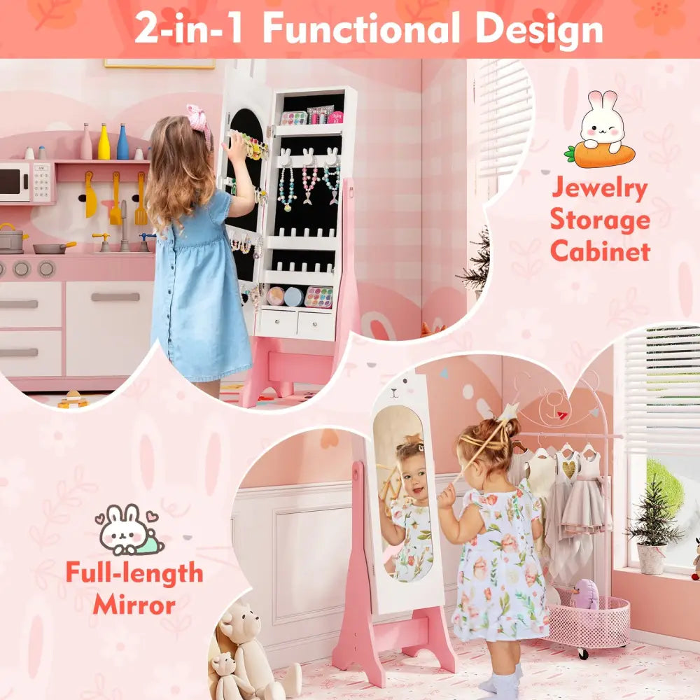 Kids Jewelry Armoire Cabinet with 2 Tilt Angles and Large Capacity-White - White - Kids Vanities