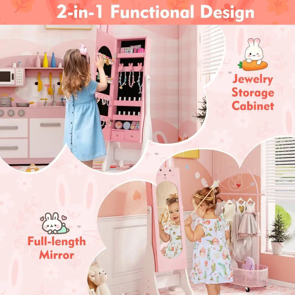 Kids Jewelry Armoire Cabinet with 2 Tilt Angles and Large Capacity-Pink - Pink - Kids Vanities