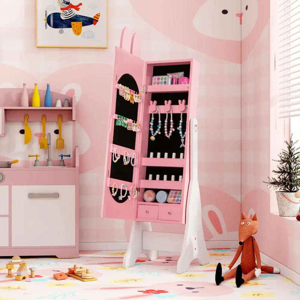 Kids Jewelry Armoire Cabinet with 2 Tilt Angles and Large Capacity-Pink - Pink - Kids Vanities