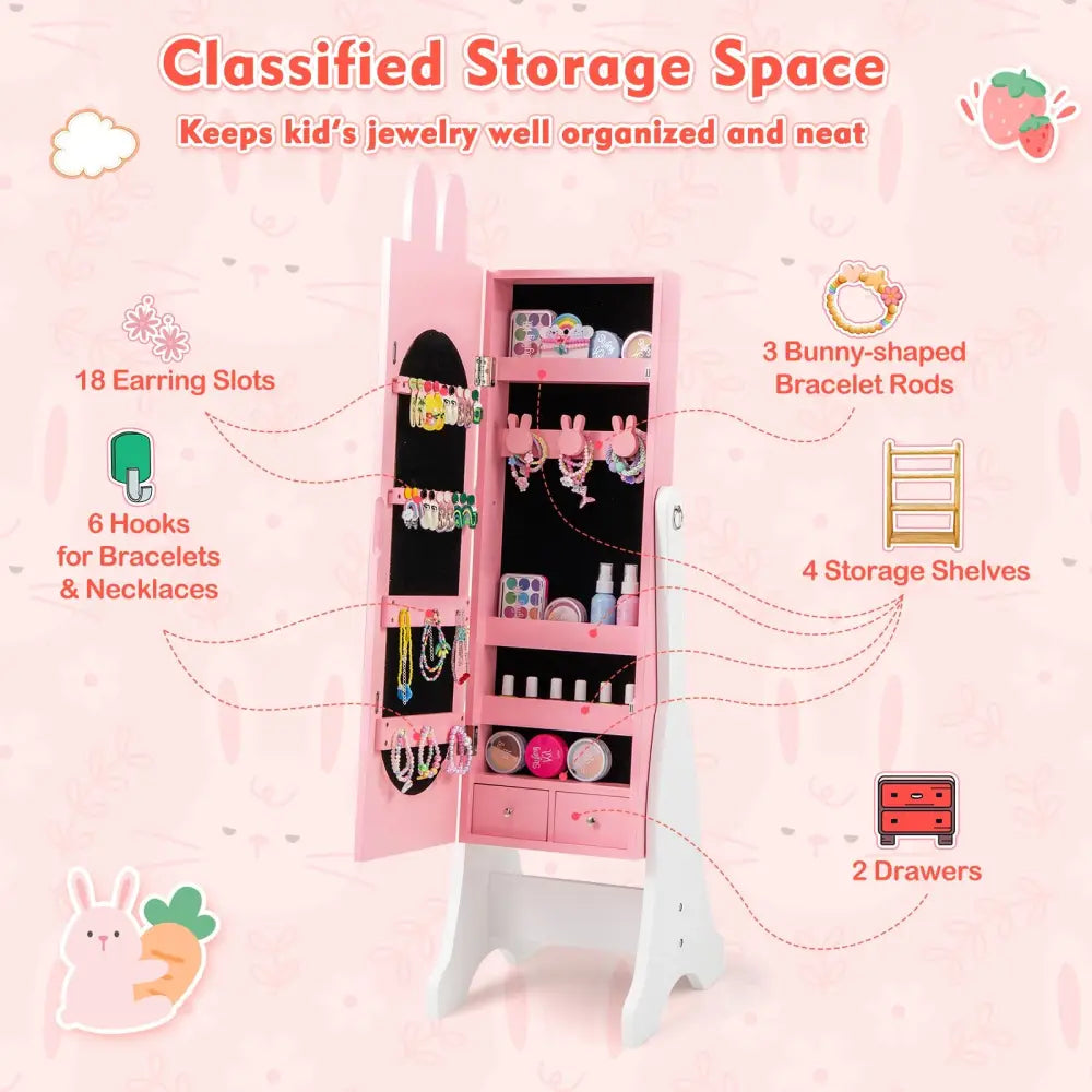 Kids Jewelry Armoire Cabinet with 2 Tilt Angles and Large Capacity-Pink - Pink - Kids Vanities