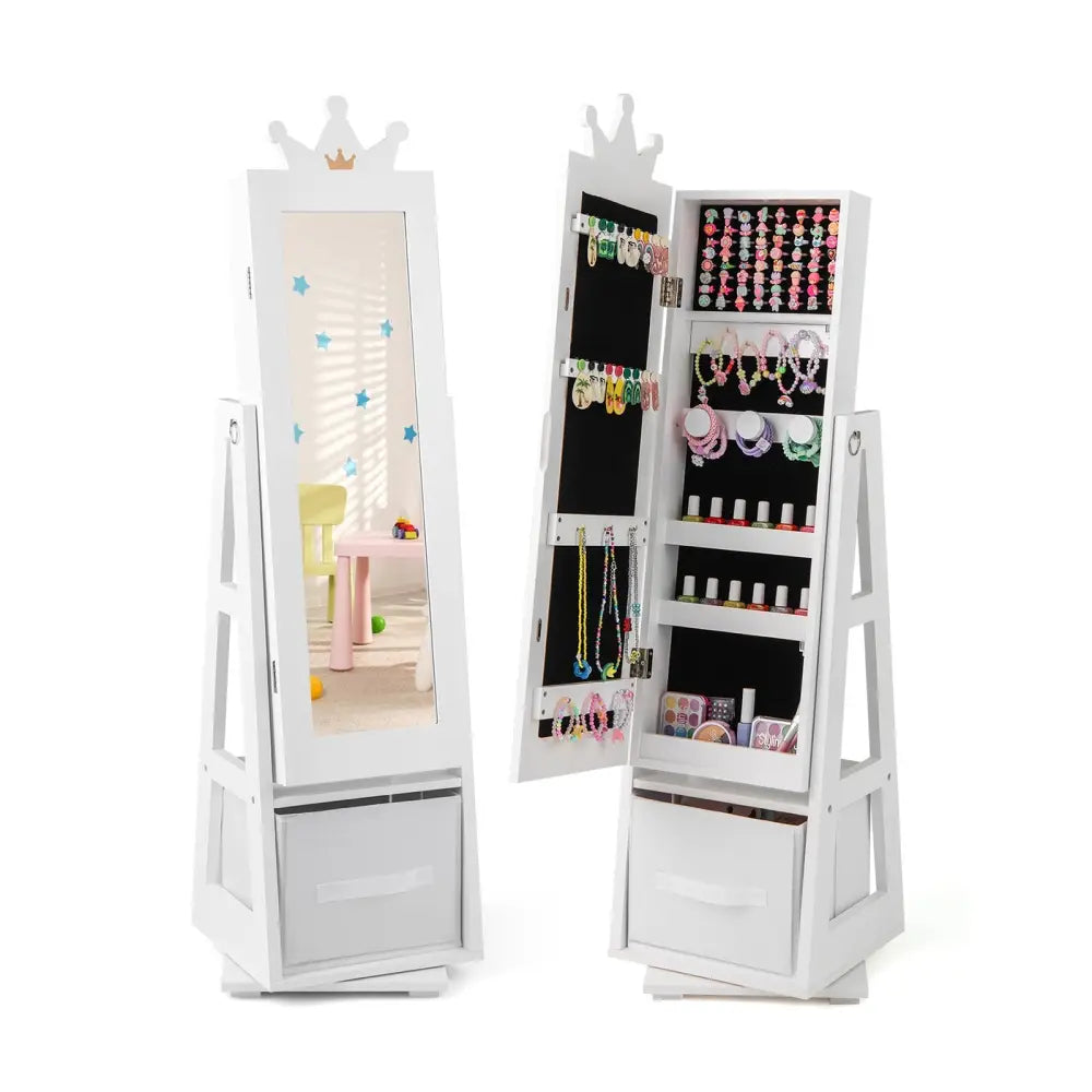 Kids Jewelry Armoire Cabinet with Large Storage Capacity and Swivel Base-White - White - Kids Vanities