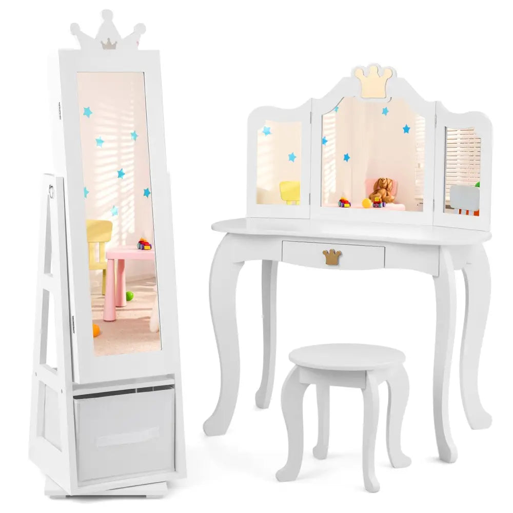 Kids Jewelry Armoire Cabinet with Large Storage Capacity and Swivel Base-White - White - Kids Vanities