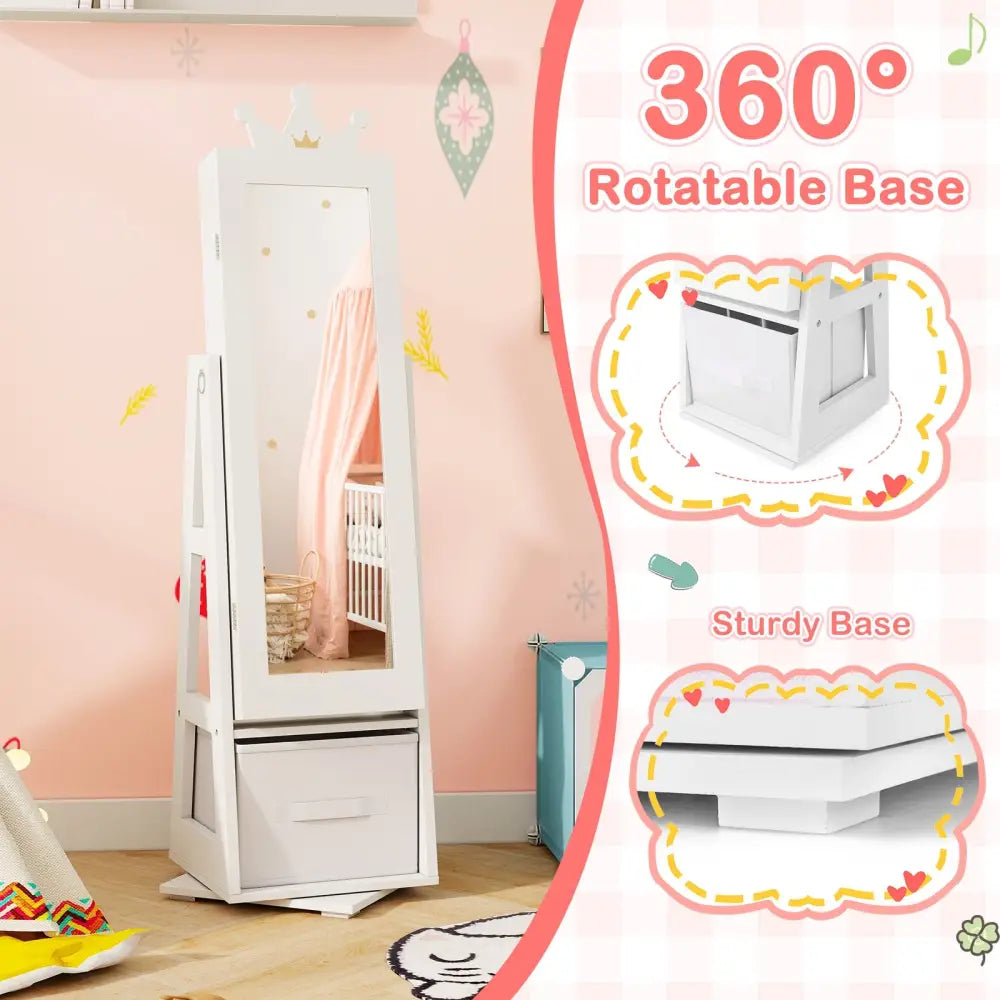 Kids Jewelry Armoire Cabinet with Large Storage Capacity and Swivel Base-White - White - Kids Vanities