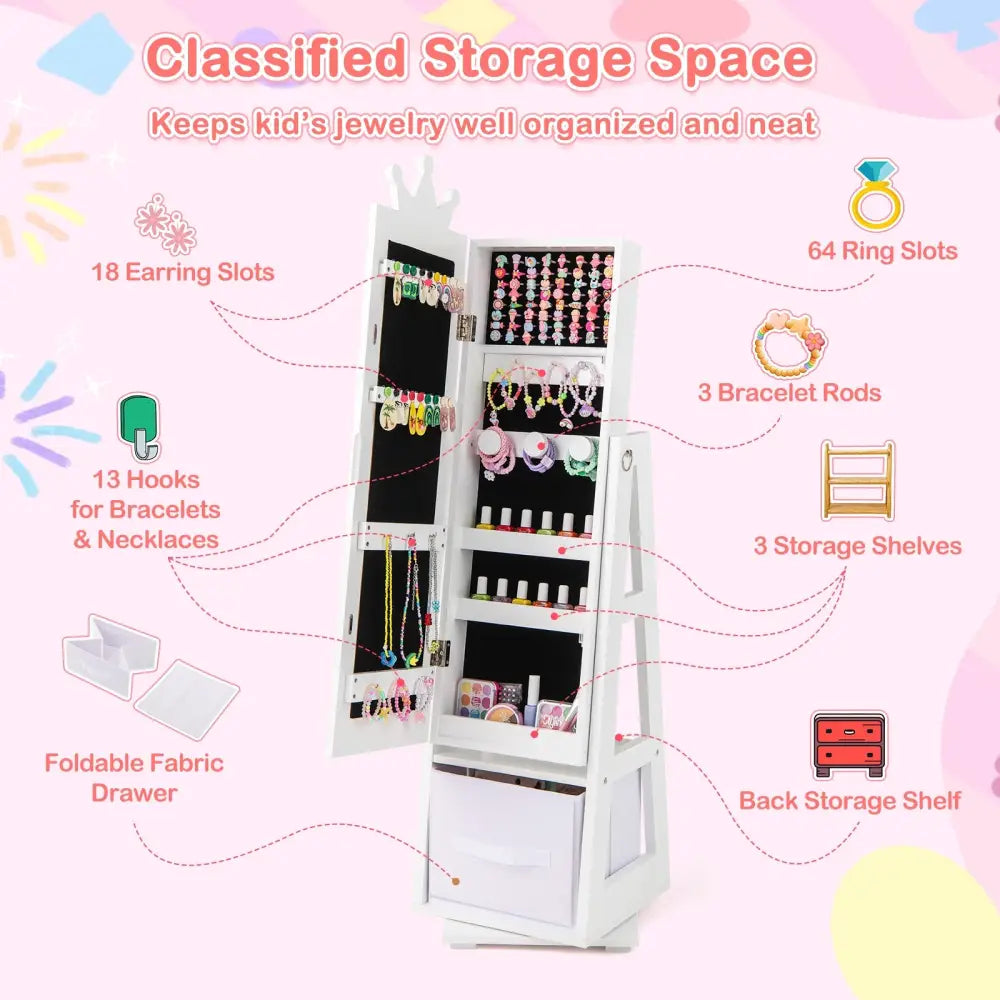 Kids Jewelry Armoire Cabinet with Large Storage Capacity and Swivel Base-White - White - Kids Vanities