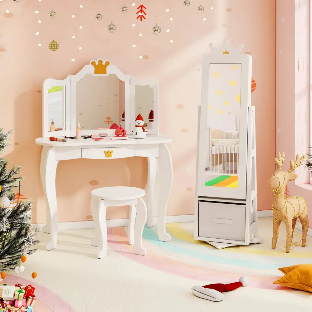 Kids Jewelry Armoire Cabinet with Large Storage Capacity and Swivel Base-White - White - Kids Vanities