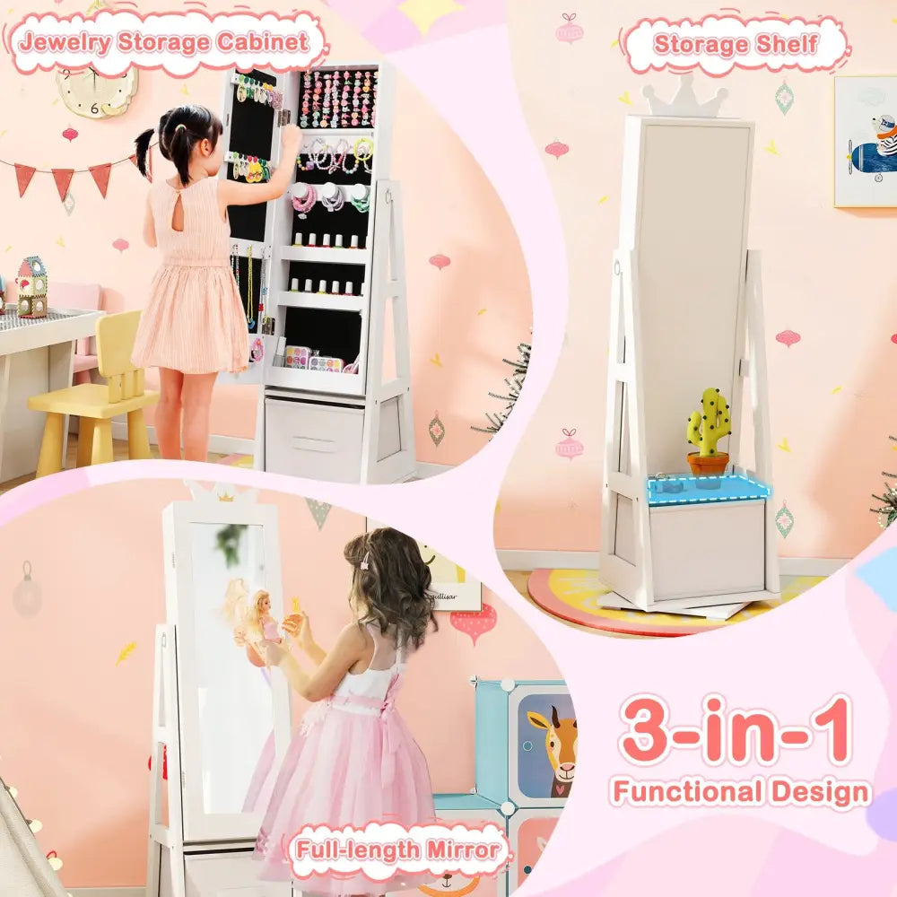 Kids Jewelry Armoire Cabinet with Large Storage Capacity and Swivel Base-White - White - Kids Vanities