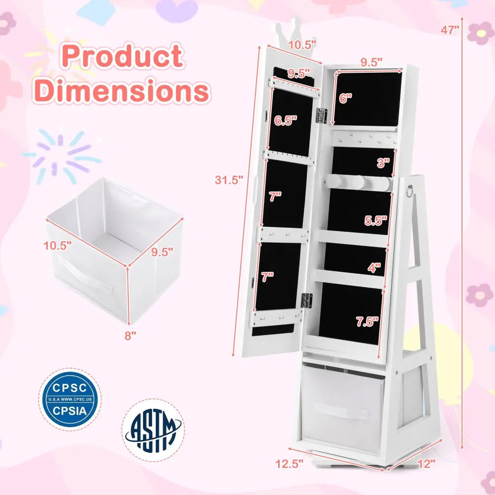 Kids Jewelry Armoire Cabinet with Large Storage Capacity and Swivel Base-White - White - Kids Vanities