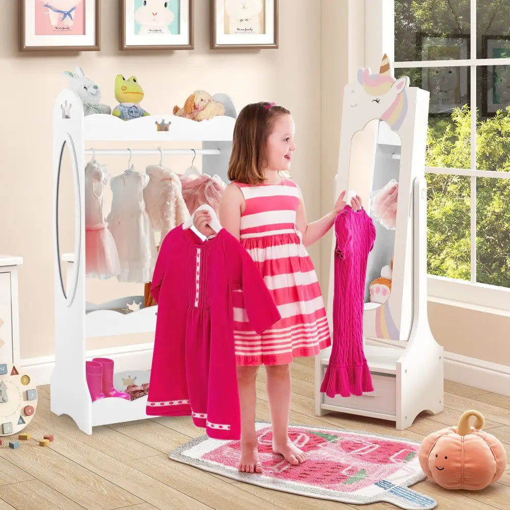 Kids Jewelry Armoire Cabinet with Storage and 2 Tilt Angles-White - White - Kids Vanities
