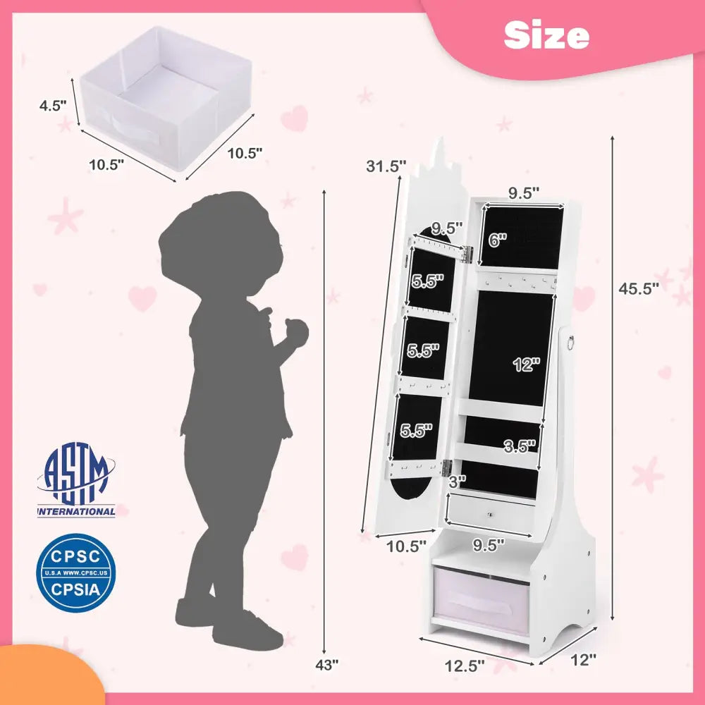 Kids Jewelry Armoire Cabinet with Storage and 2 Tilt Angles-White - White - Kids Vanities