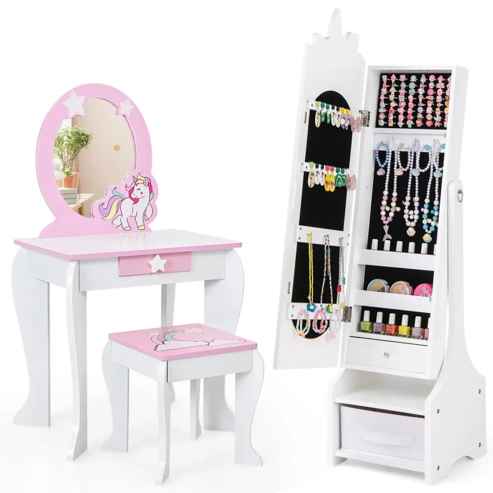 Kids Jewelry Armoire Cabinet with Storage and 2 Tilt Angles-White - White - Kids Vanities