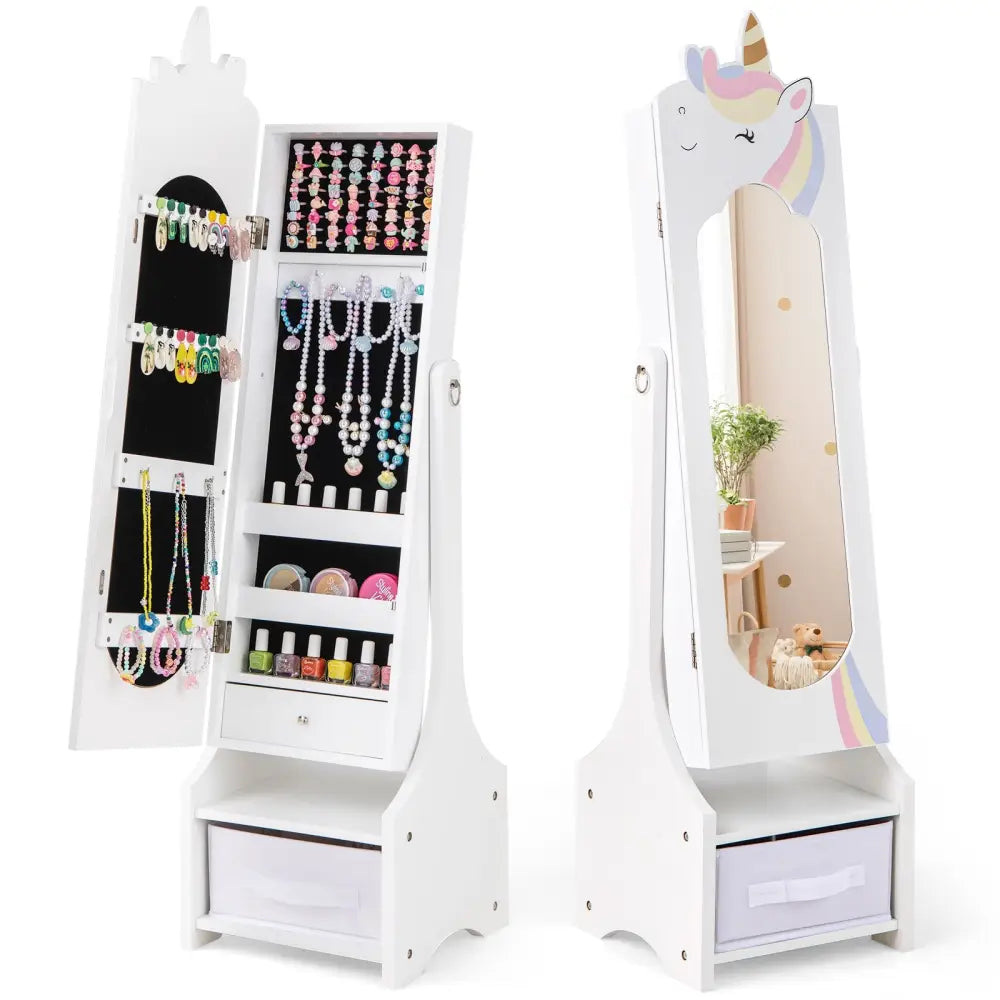 Kids Jewelry Armoire Cabinet with Storage and 2 Tilt Angles-White - White - Kids Vanities