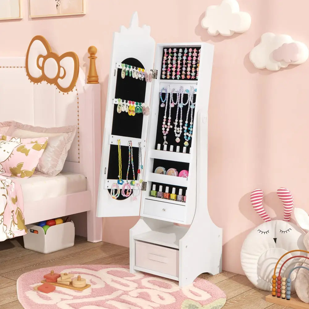 Kids Jewelry Armoire Cabinet with Storage and 2 Tilt Angles-White - White - Kids Vanities