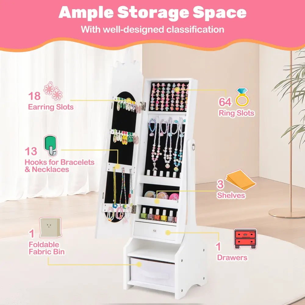Kids Jewelry Armoire Cabinet with Storage and 2 Tilt Angles-White - White - Kids Vanities