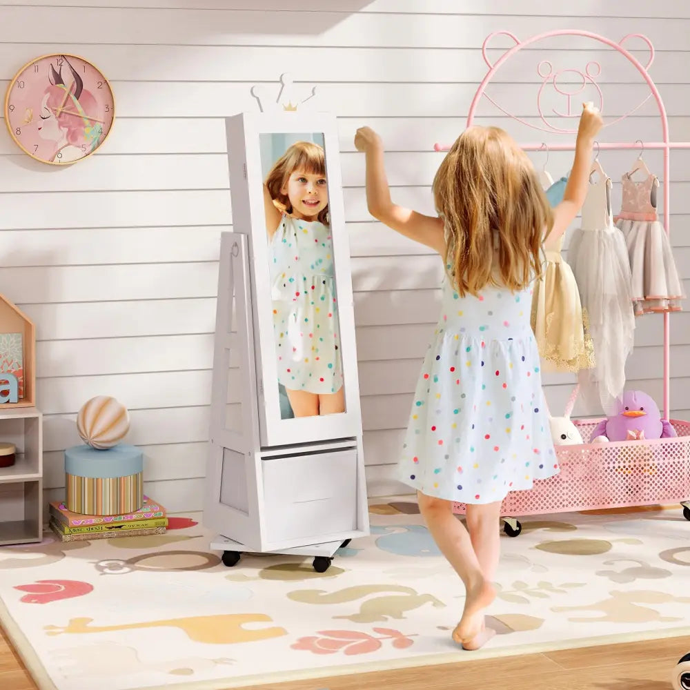 Kids Jewelry Armoire Cabinet with Swivel Base and Lockable Universal Wheels-White - White - Kids Vanities