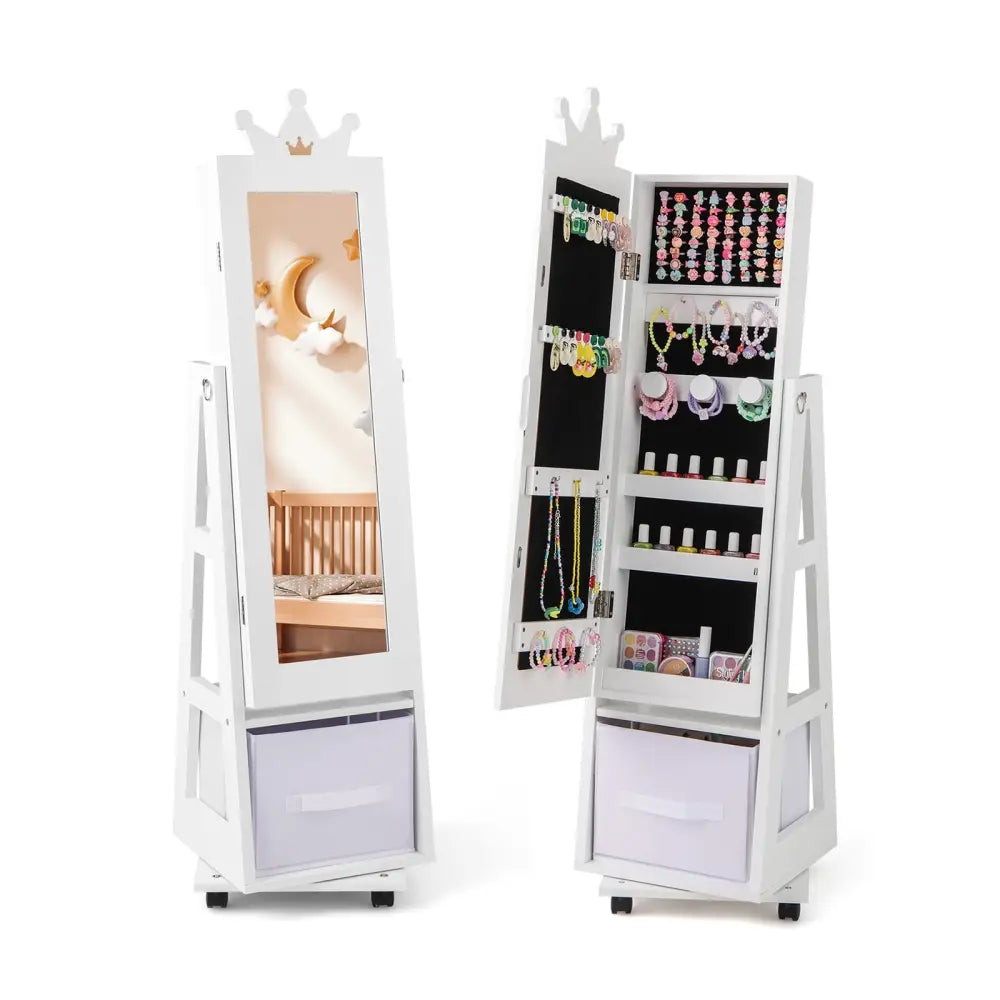 Kids Jewelry Armoire Cabinet with Swivel Base and Lockable Universal Wheels-White - White - Kids Vanities