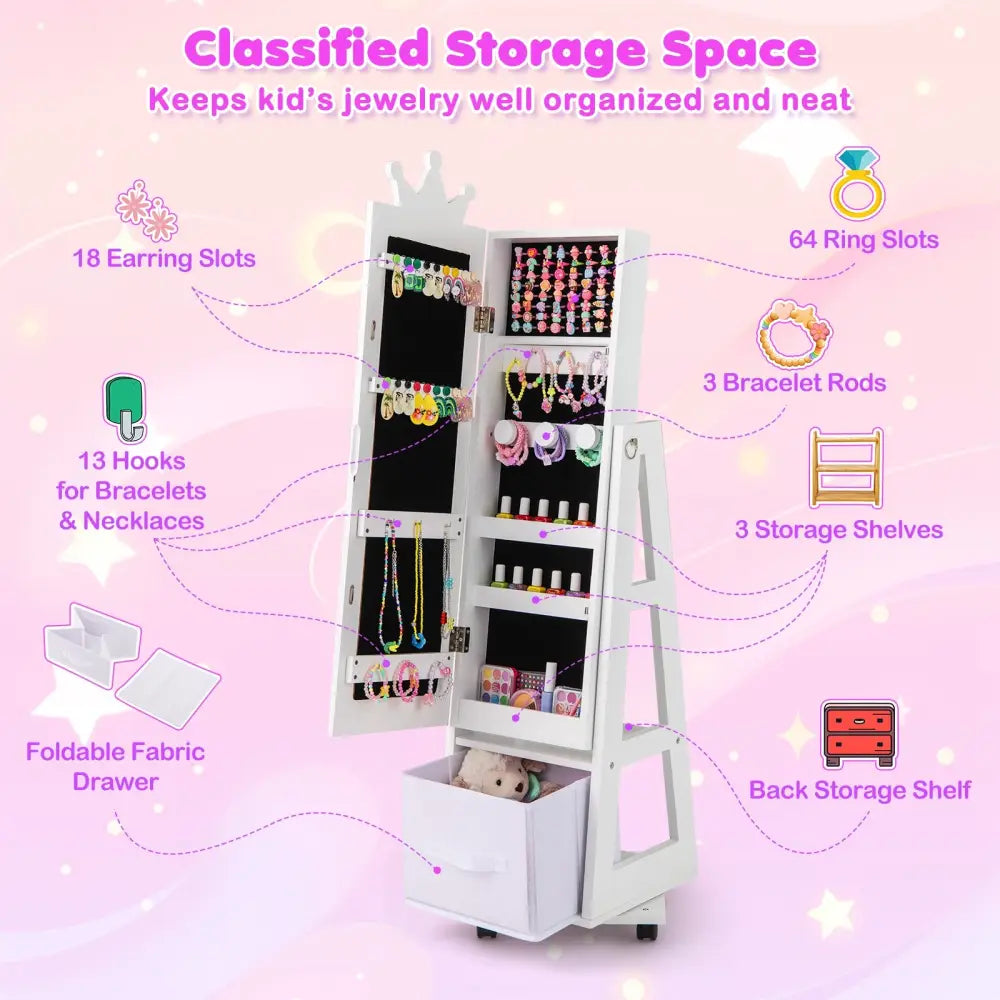 Kids Jewelry Armoire Cabinet with Swivel Base and Lockable Universal Wheels-White - White - Kids Vanities