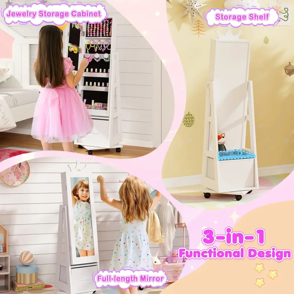 Kids Jewelry Armoire Cabinet with Swivel Base and Lockable Universal Wheels-White - White - Kids Vanities