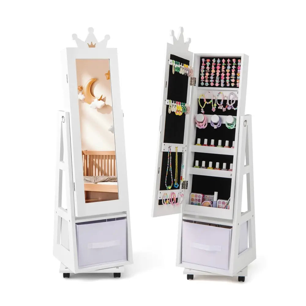 Kids Jewelry Armoire Cabinet with Swivel Base and Lockable Universal Wheels-White - White - Kids Vanities