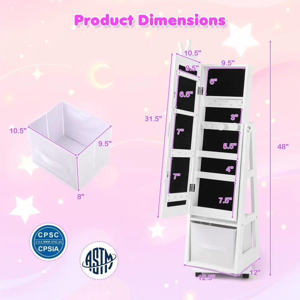 Kids Jewelry Armoire Cabinet with Swivel Base and Lockable Universal Wheels-White - White - Kids Vanities