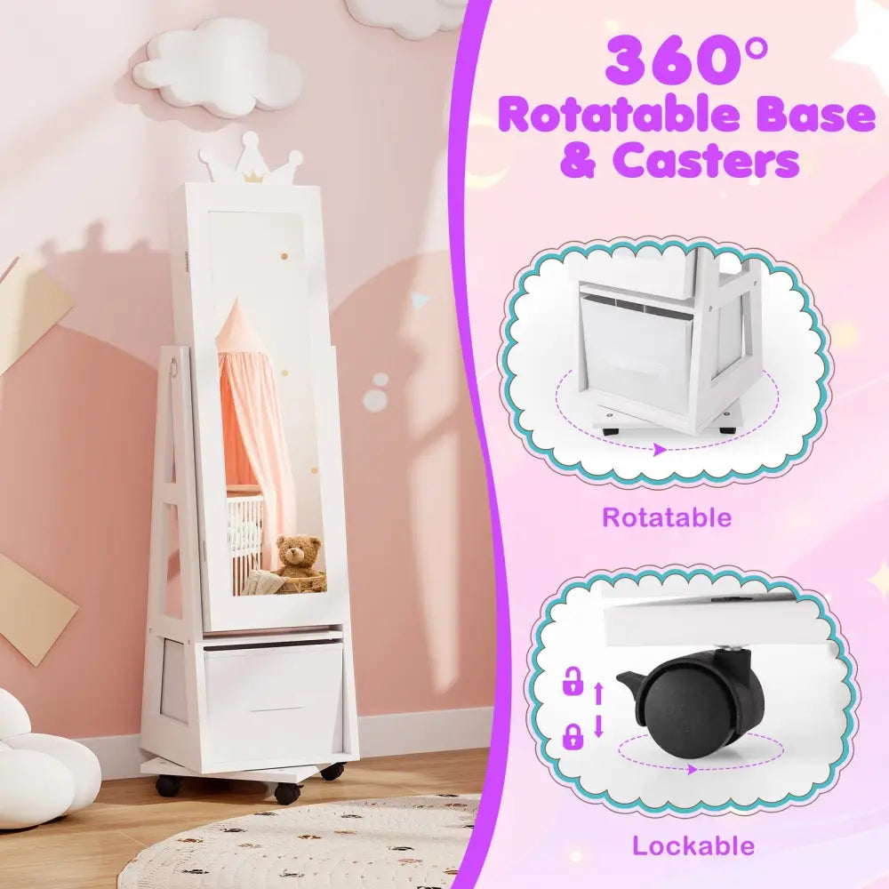 Kids Jewelry Armoire Cabinet with Swivel Base and Lockable Universal Wheels-White - White - Kids Vanities