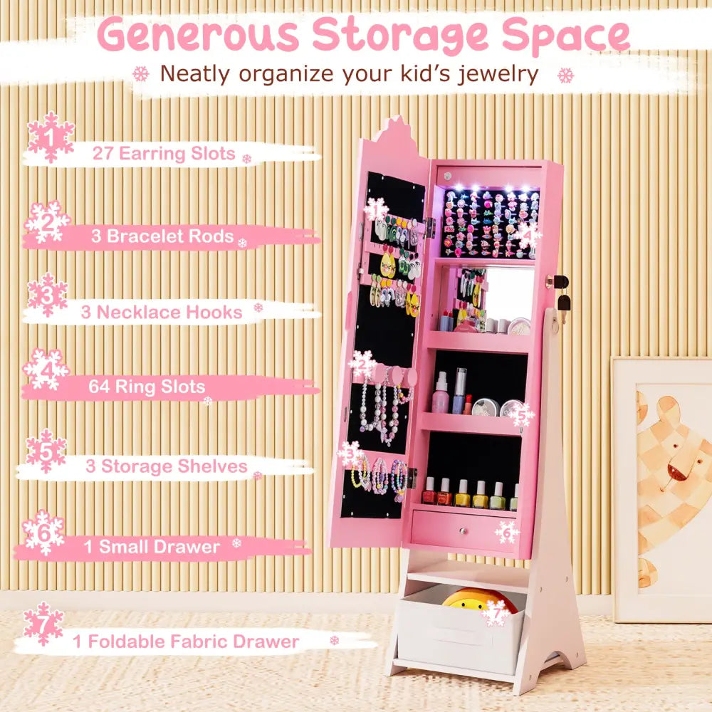 Kids Jewelry Armoire Freestanding Jewelry Cabinet with 3-Color Lighted Full Length Mirror-Pink - Pink - Kids Vanities