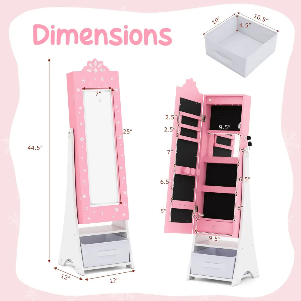 Kids Jewelry Armoire Freestanding Jewelry Cabinet with 3-Color Lighted Full Length Mirror-Pink - Pink - Kids Vanities