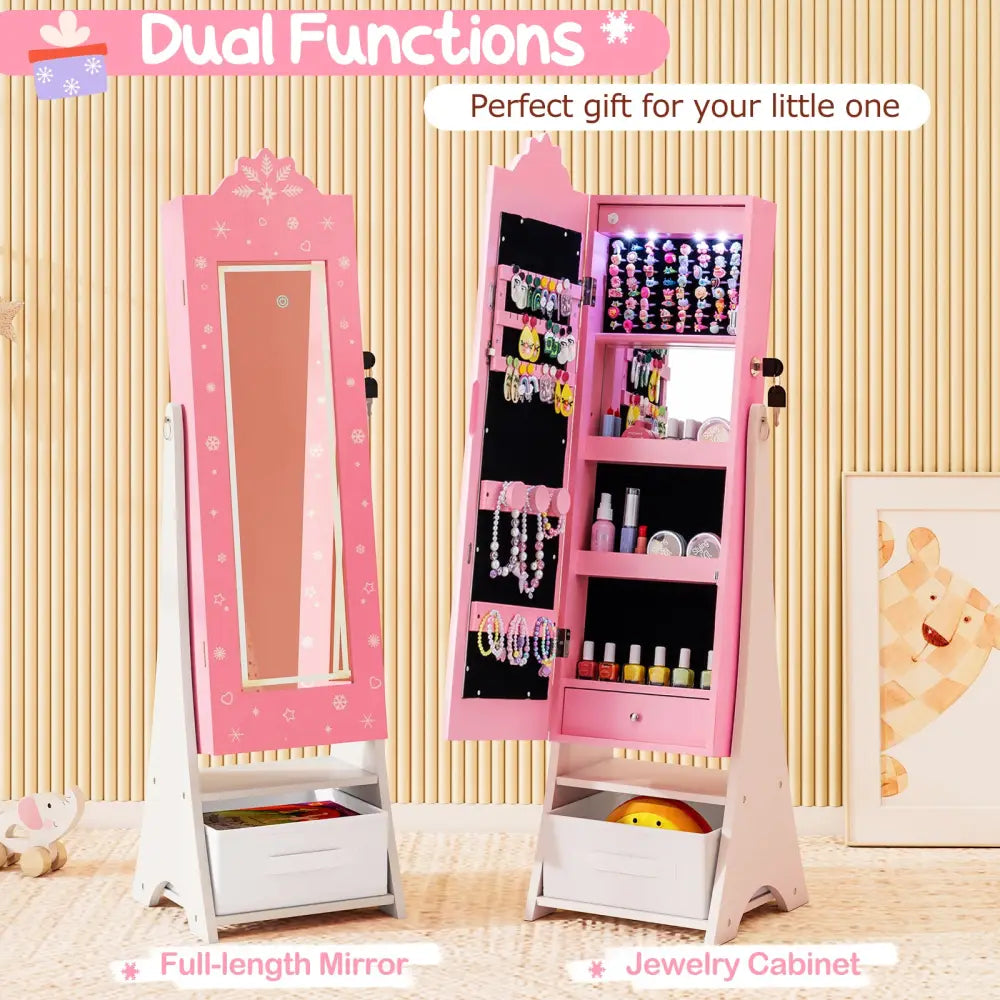 Kids Jewelry Armoire Freestanding Jewelry Cabinet with 3-Color Lighted Full Length Mirror-Pink - Pink - Kids Vanities