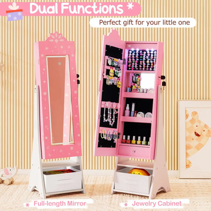 Kids Jewelry Armoire Freestanding Jewelry Cabinet with 3-Color Lighted Full Length Mirror-Pink - Pink - Kids Vanities