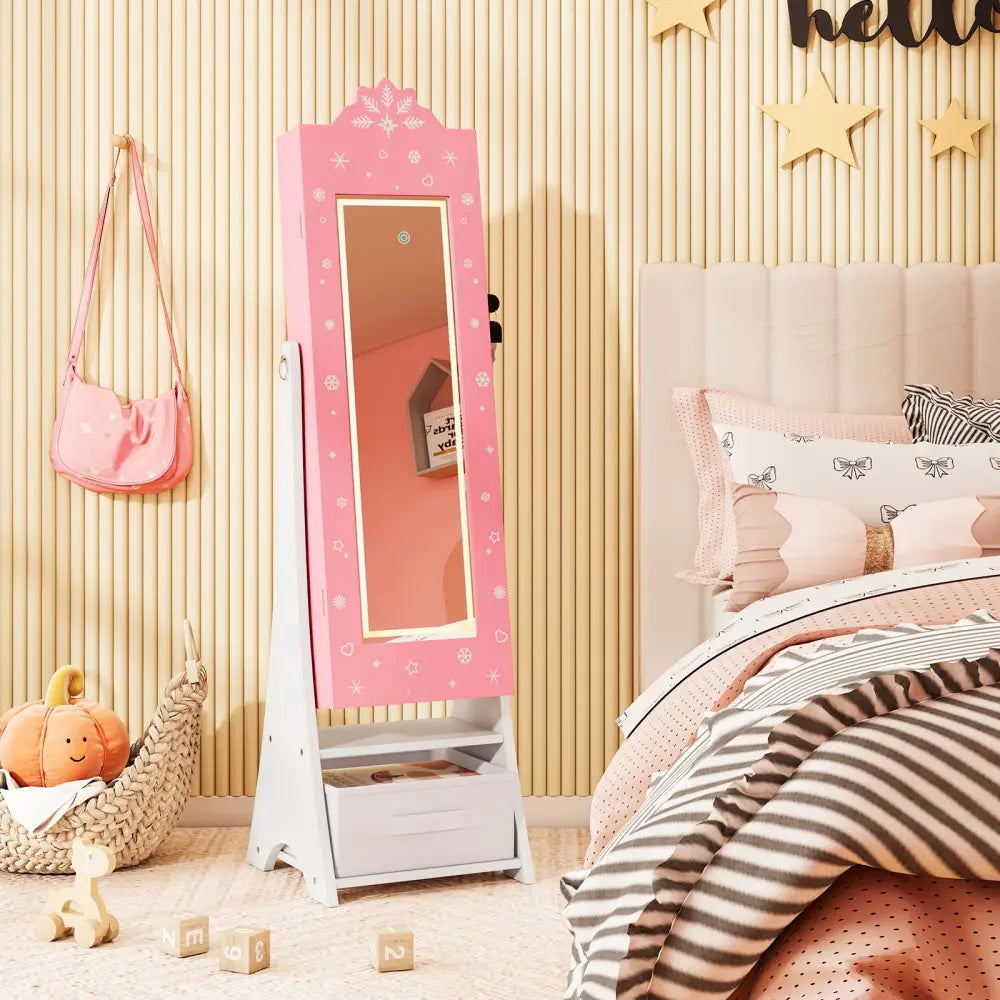 Kids Jewelry Armoire Freestanding Jewelry Cabinet with 3-Color Lighted Full Length Mirror-Pink - Pink - Kids Vanities