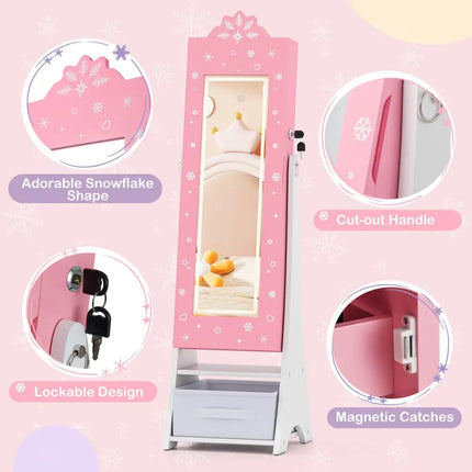 Kids Jewelry Armoire Freestanding Jewelry Cabinet with 3-Color Lighted Full Length Mirror-Pink - Pink - Kids Vanities