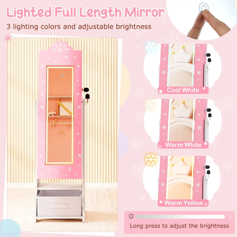 Kids Jewelry Armoire Freestanding Jewelry Cabinet with 3-Color Lighted Full Length Mirror-Pink - Pink - Kids Vanities