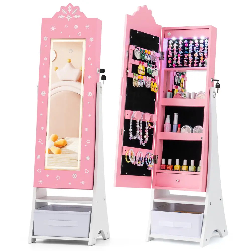 Kids Jewelry Armoire Freestanding Jewelry Cabinet with 3-Color Lighted Full Length Mirror-Pink - Pink - Kids Vanities