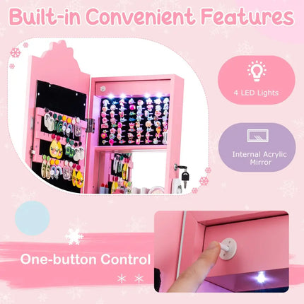 Kids Jewelry Armoire Freestanding Jewelry Cabinet with 3-Color Lighted Full Length Mirror-Pink - Pink - Kids Vanities