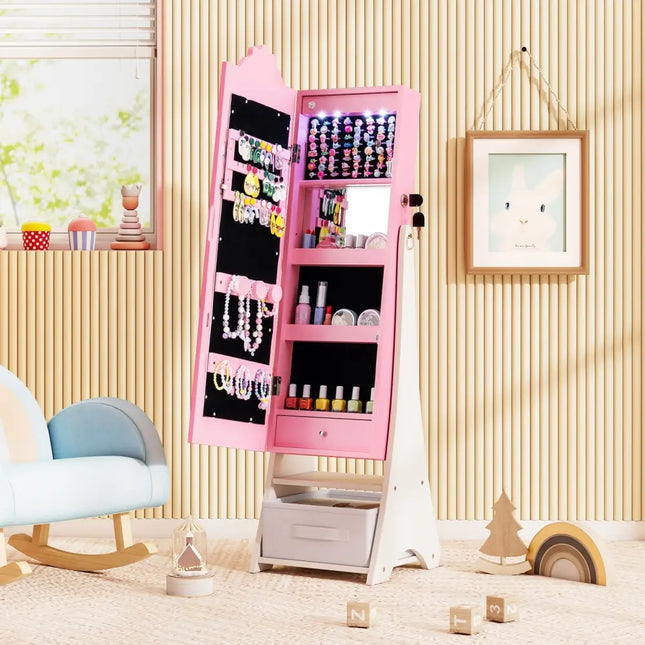 Kids Jewelry Armoire Freestanding Jewelry Cabinet with 3-Color Lighted Full Length Mirror-Pink - Pink - Kids Vanities