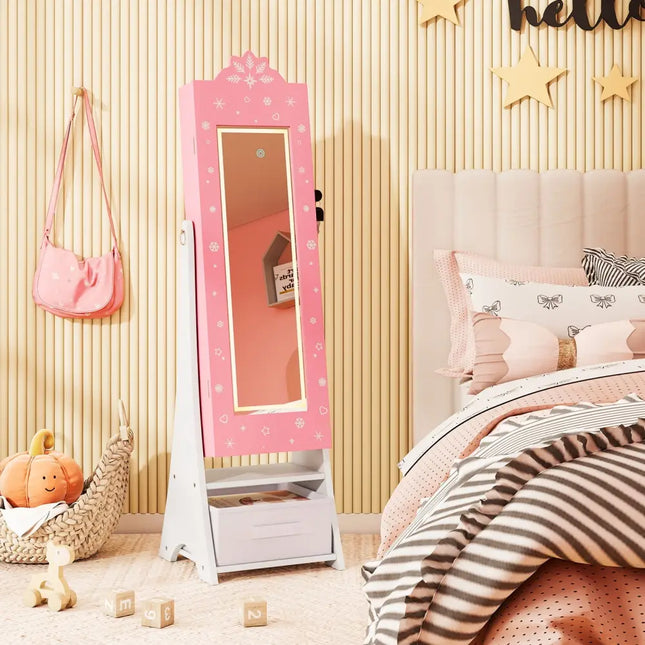 Kids Jewelry Armoire Freestanding Jewelry Cabinet with 3-Color Lighted Full Length Mirror-Pink - Pink - Kids Vanities