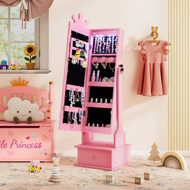 Kids Jewelry Armoire with 3-Color Lighted Full Length Mirror and Inside Led Lights-Pink - Pink - Kids Vanities