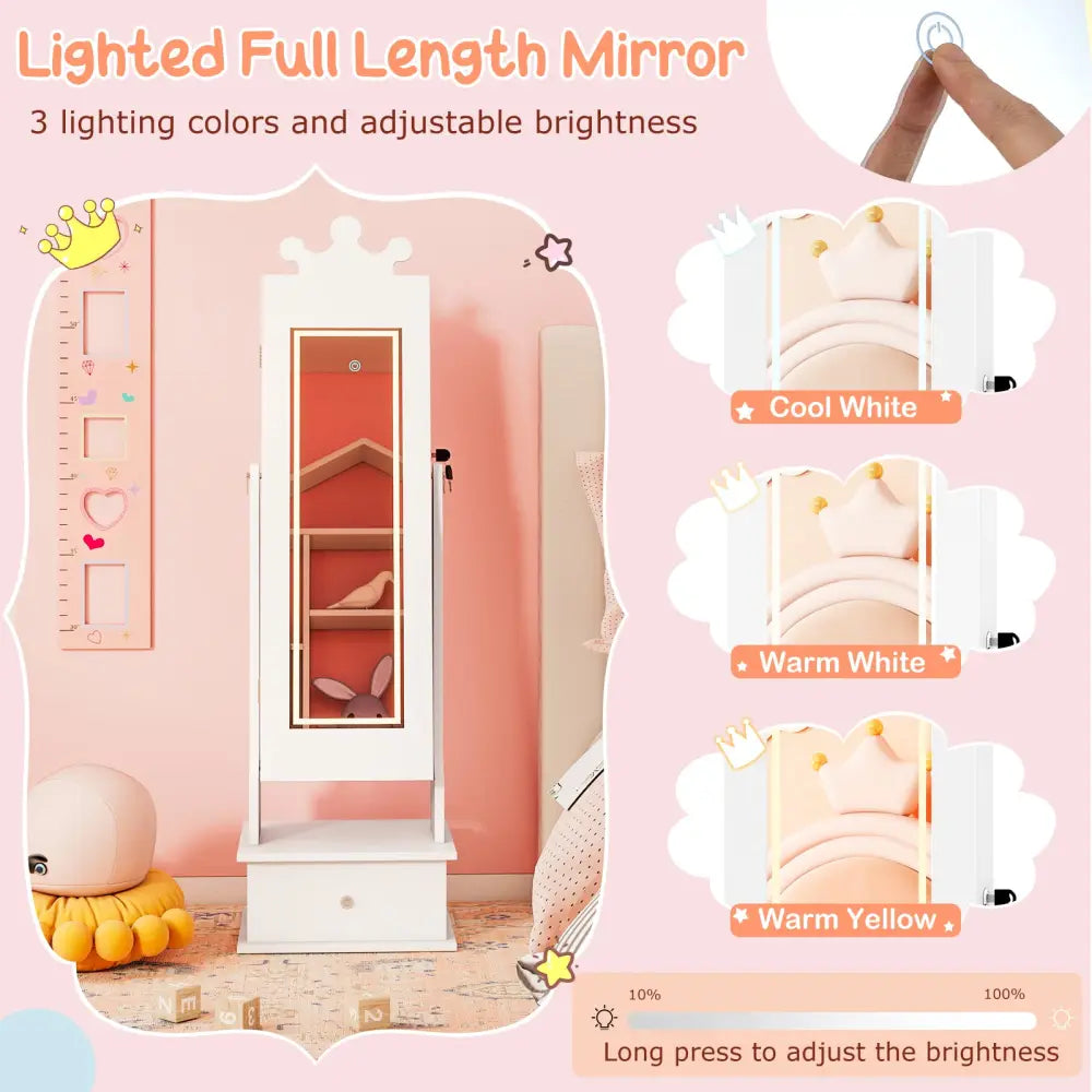 Kids Jewelry Armoire with 3-Color Lighted Full Length Mirror and Inside Led Lights-White - White - Kids Vanities