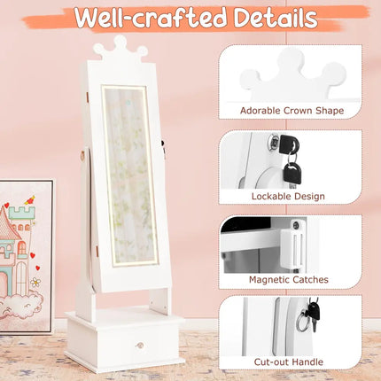 Kids Jewelry Armoire with 3-Color Lighted Full Length Mirror and Inside Led Lights-White - White - Kids Vanities